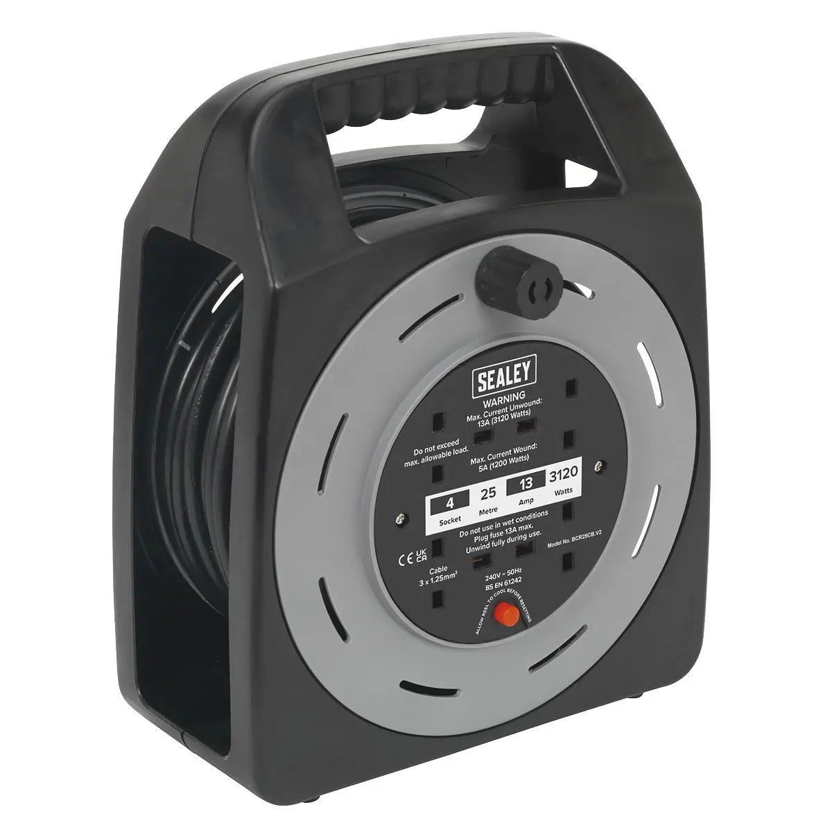 Sealey Cable Reel Box Type 25m 4 x 230V 1.25mm Thermal Trip